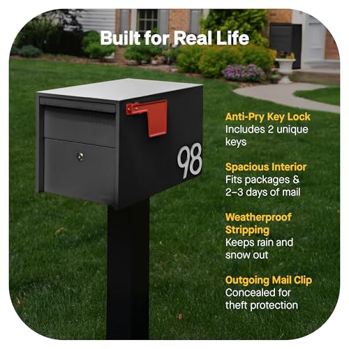 Image of Adoorn Lockable Post Mount Mailboxes for Outside - Small Anti-Theft Locking Mailbox for Packages and Letters - Weatherproof Construction - Durable Steel - 12 inch H x 12 inch W x 18.5 inch D - Black