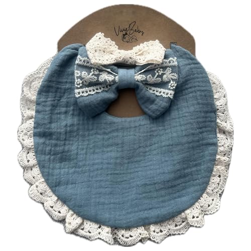 Image of Baby Girl Gift Set, Muslin BoHo Bib with Lace and Matching Bows, Absorbent Cotton Adjustable Bib for Newborn Infant Toddler (Dusty Blue)