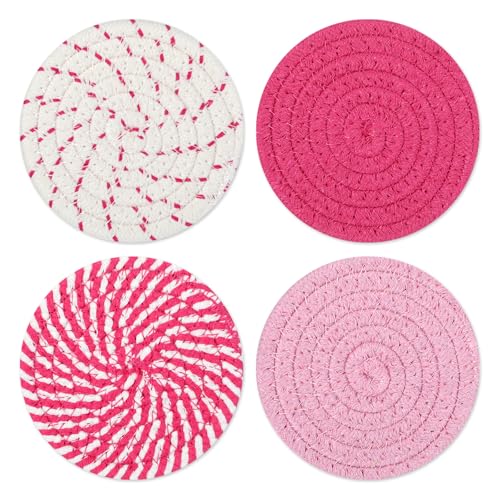 Piriuuo 4 Pcs Woven Cup Coasters for Desk - Absorbent Boho Minimalist Drink Coaster Set for Home Decor, 4.13 In (Pink)