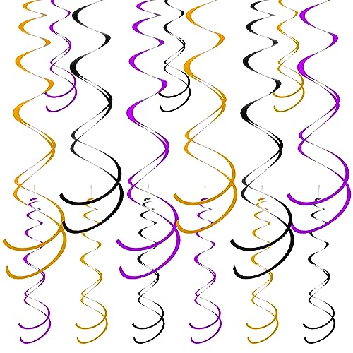Image of Colorful Ceiling Swirl Foil Decorations Hanging Plastic Streamer Themed Swirl Party for Halloween Graduation Celebration, Pack of 28 (Orange, Black and Purple)