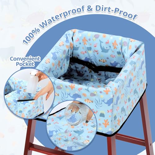 Image of BALAPET Resuable Waterproof High Chair Cover for Restaurant, Thick Soft Baby Chair Protector Cover for Wooden or Restaurant High Chair, Protect Against Messy Meals and Dirty (Oceans)