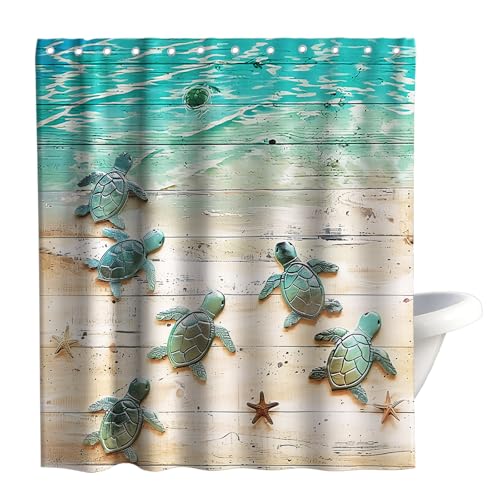 Final Friday Green Beach Sea Turtle Shower Curtain Nautical Teal Theme Fabric Bathroom Blue Ocean Decor with Grommets and Hooks 72 x 72 Inch Blue