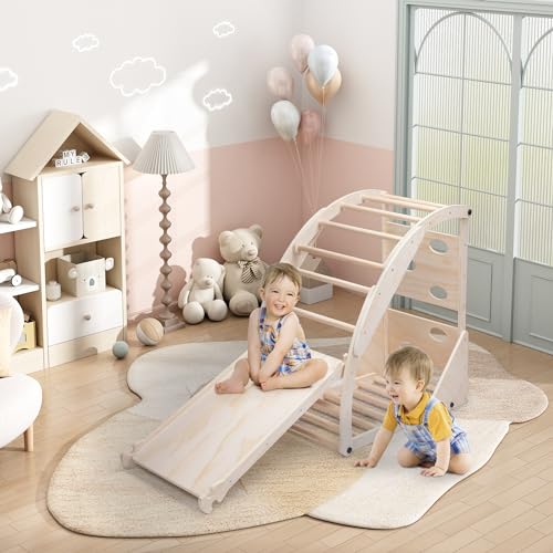 Image of Nyeekoy 8 in 1 Pikler Triangle Set with Slide Arch Climber Rocker, Montessori Kids Climbing Toys, Indoor Playground Jungle Gym for Kids, Natural