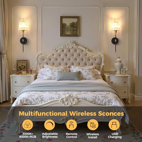 Image of DORESshop Battery Operated Wall Sconce Set of 2, Wireless Wall Light, 15 Color Rechargeable Wall Sconces, Sconce Wall Decor Set of 2 for Bedroom, Living Room, Gold and Black Crystal, 24.6in