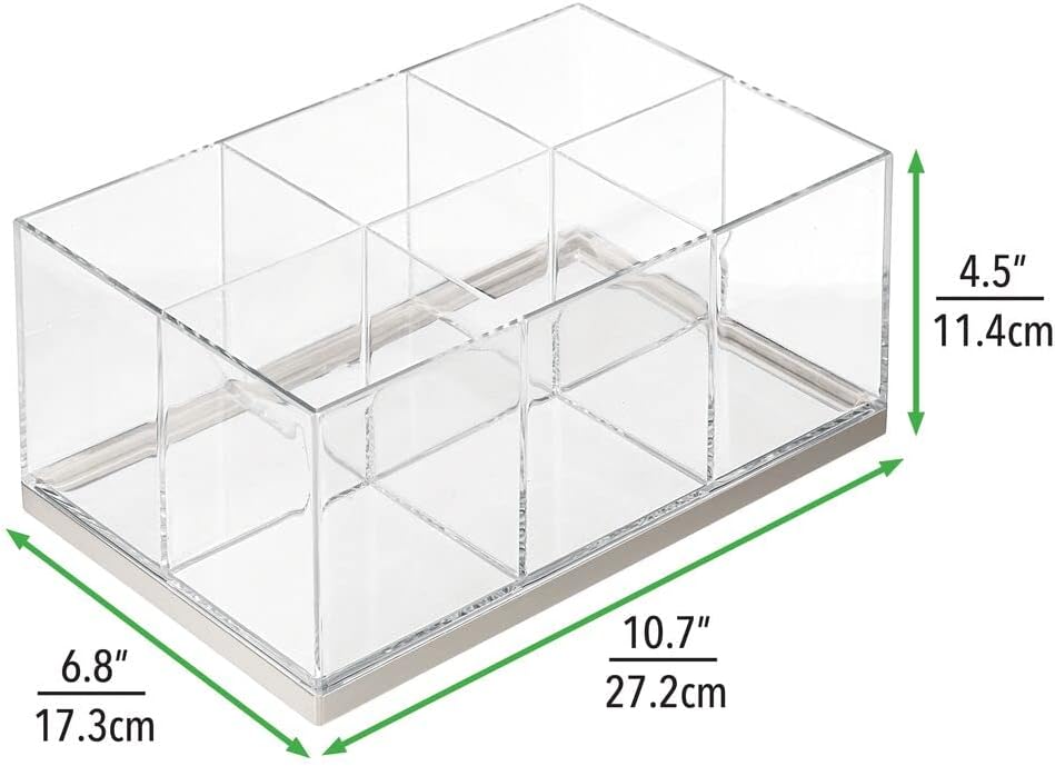 mDesign Plastic Makeup Storage Organizer, 6 Sections for Bathroom Countertop, Vanity Holder for Cosmetic Brushes, Lip Pencils, Gloss, Palettes, Foundation - Lumiere Collection - Clear/Brushed Chrome