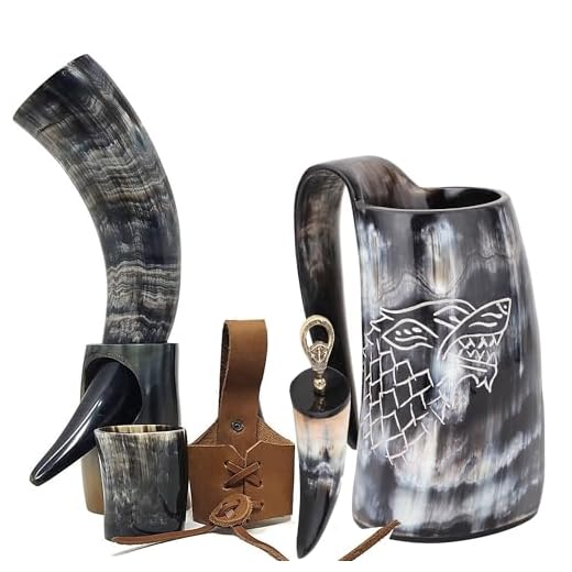 Viking Drinking Horn Mug game for thrones Bottle Opener Whiskey Cup Belt Holster Drinking Horn with Stand for Ale, coffee Wine, Mead, Cold Drink, Beer Tankard Food Safe (6 Piece Set)