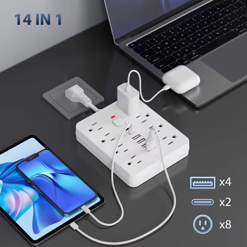 Multitoma con protección contra sobretensiones - 8 tomas con 6 puertos USB (2 USB C), cable de extensión de 9.8 pulgadas, montable en pared para oficina, estudio, hogar y escuela - Enchufe US miniatura 3