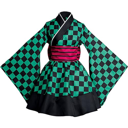 Satdflie japonés Anime Demon Slayer Cosplay Disfraz Kimono Trajes Uniforme Conjunto para Mujeres Niñas Vestido de criada de fiesta de Halloween, Tanjirou/B, XXL