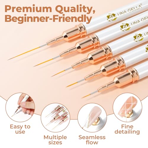 Image of UNA GELLA Nail Art Brushes Metallic, Liner Pens Set For Nail Art Gel Polish, 5Pcs White Color, Detail Nail Art Design Painting Brush Set For Nails Gel Fine Drawing Nail Tools, Sizes 7 /9 /11 /15 /25mm