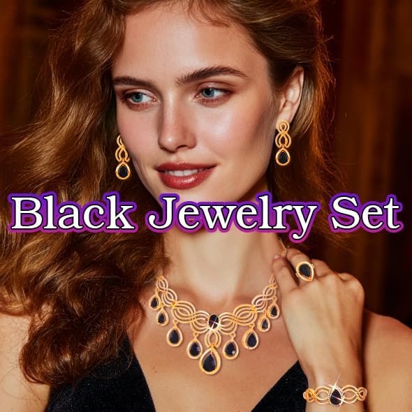 JEAIRTS Black Crystal Jewelry Set Gold Statement Necklace Earrings Ring Bracelet Sets for Women - Image 3