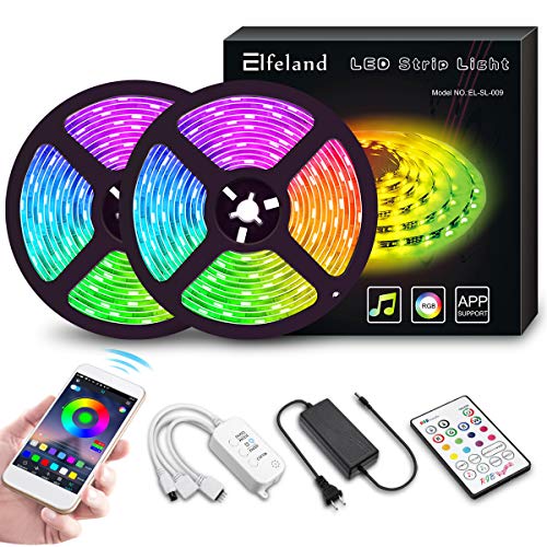Elfeland LED Strip Lights 32.8FT/10M 300 LEDs IP65 5050 RGB Strip Lights Music Sync Color Changing Rope Lights Flexible Tape Light Kit with APP Controller for Bedroom Home Kitchen