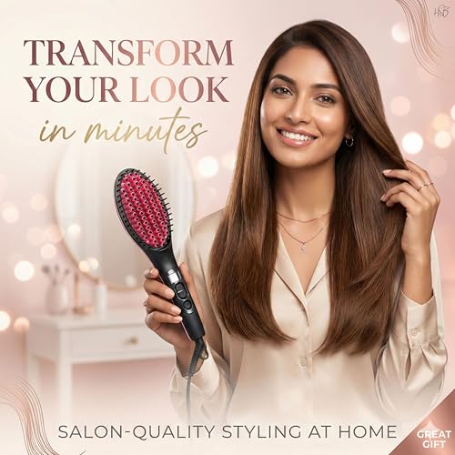 Image of Ceramic Hair Straightener Brush with Digital Display & Temperature Control, Quick Heating Anti-Frizz Straightening Brush, Gift for Women, Girls & Salon Professionals
