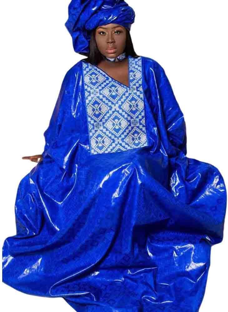 Royal Blue Bazin Riche Dashiki Robe Femme African Ankara Traditional Wedding Prom Long Dresses With Scarf Guipure Clothing Boubou - Image 3