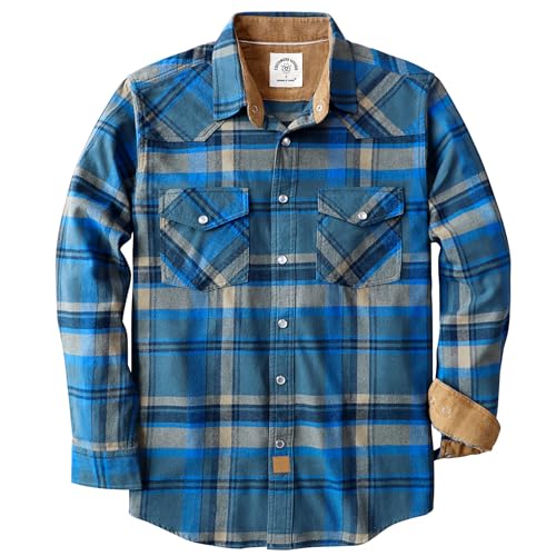 Dubinik® Men's Flannel Shirts for Men Long Sleeve Pearl Snap Shirts for Men Casual Western Cowboy Plaid Shirts 100% Cotton