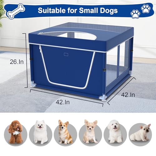 Image of 42x42x26 Inches Puppy Playpen with Top Cover, Dog Playpen for Small or Puppy, DogFence Pet Playpen for Indoor & Outdoor, Sturdy Safety Dog Pen with Durable Mesh Windows, Blue