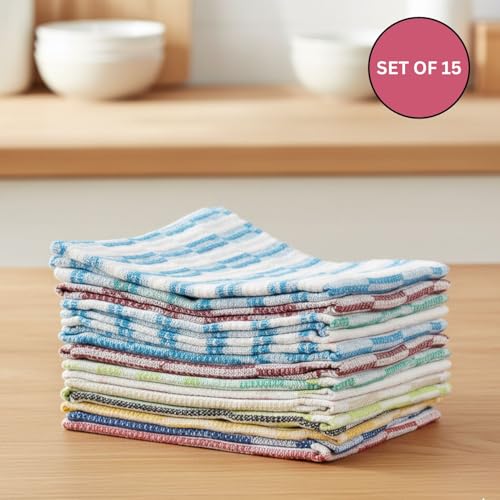 Image of 15 Pcs Dishcloths | 12x16 Inches | Bulk Cotton Kitchen Cleaning Dish Cloths | Scrubbing Wash Cloth Sets | Multipurpose Cloth | 100% Cotton. (Multicolor, Set of 15)