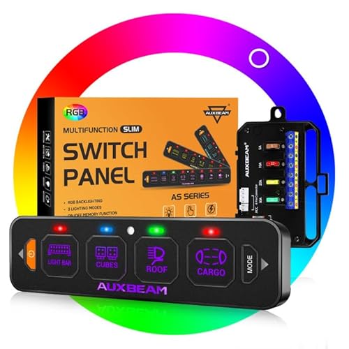 Auxbeam 4 Gang Slim Switch Panel RGB AS-R40 Toggle Momentary Pulsed Dimmable Backlight Multifunction Switch Panel with Memory Function for 12-24V Truck Offroad Car Marine Waterproof 2 Years 