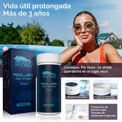 Miniatura 6 de Runbo 150 Tiras Reactivas De Prueba Piscina Y Spa 7 En 1, Tiras Para Bañera De Hidromasaje Ph Prueba, Alcalinidad, Dureza Total, Medidor Cloro Libre, Acido Cianurico,Cloro Y Bromo