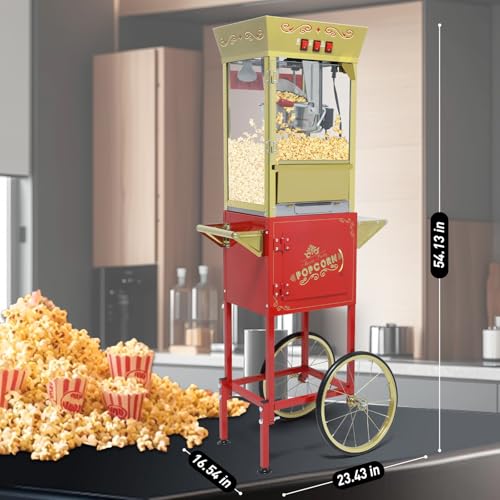 Image of 12 Oz Popcorn Machine with Cart (Red) - Medium Capacity Vintage Popcorn Maker - 3 Easy Switches with Storage, 4 Spoons for Home & Light Commercial Use