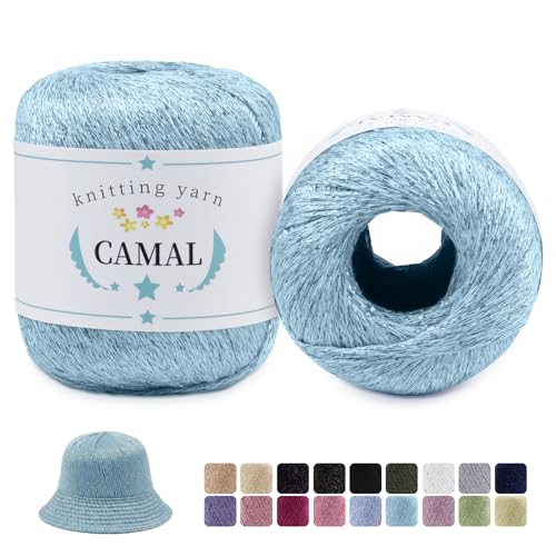 CAMAL 2 unidades de fio de algodão de crochê, 1,5 mm x 200 m fio metalizado para crochê, luxo metalizado algodão Yarn para roupas, xailes, projetos brilhantes DIY (azul lacado)