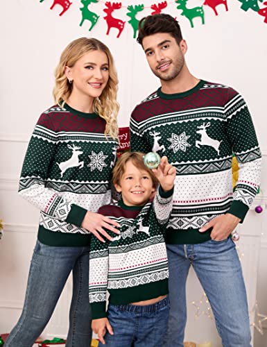 Image of MISSKY Family Christmas Sweater Crew Neck Reindeer Snowflakes Knitted Pullover for Women /Men /Kids