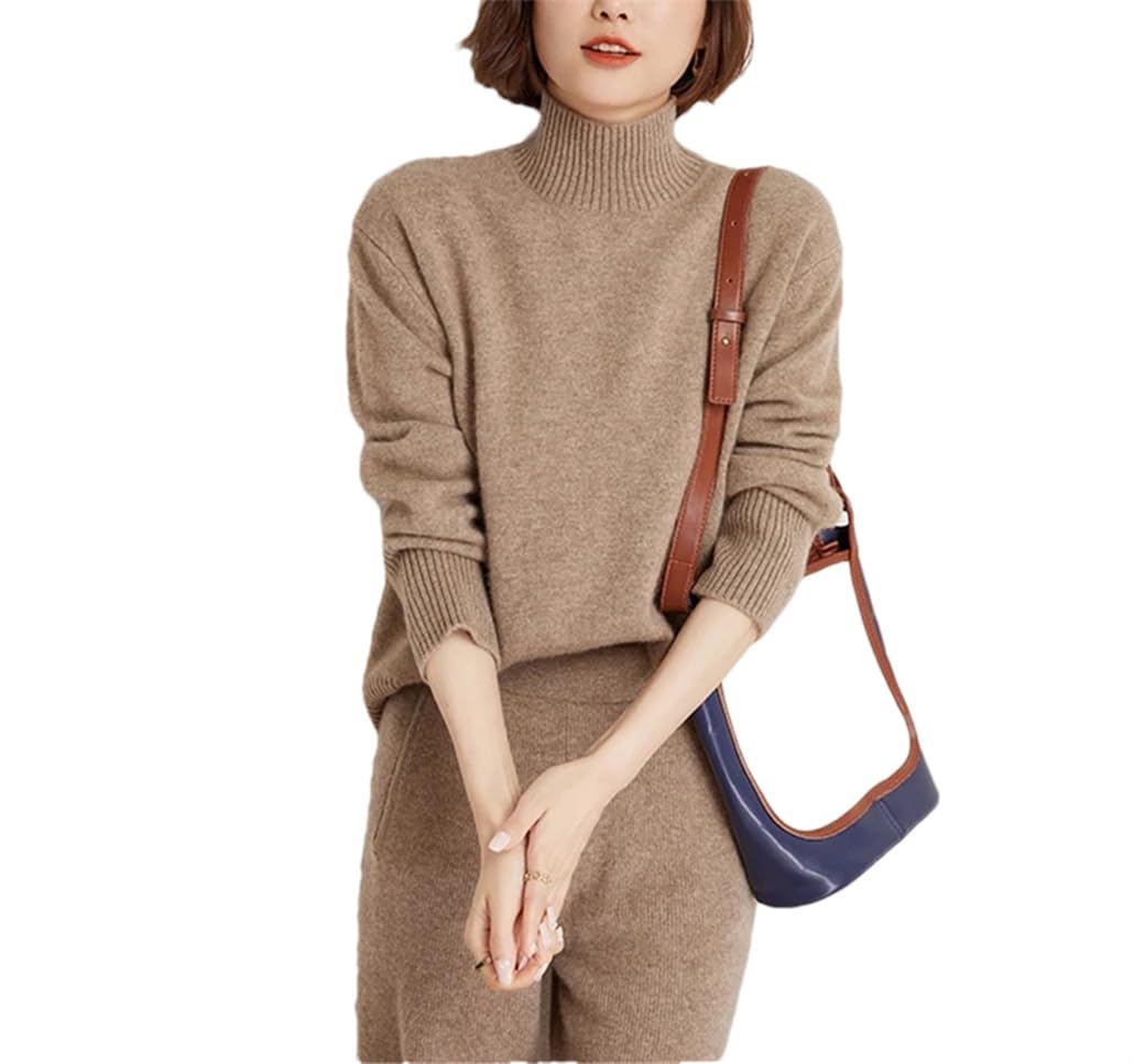 Suéter de cuello medio alto de cachemira para otoño e invierno para mujer, suéter sólido suelto cálido