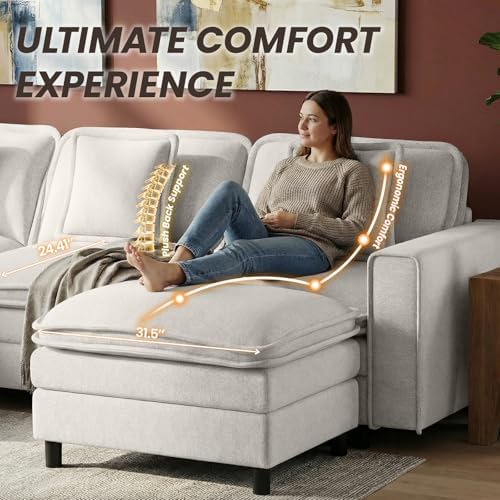 Modular Sectional Sofa 107", Comfy Cloud Couch with Ottoman, Deep 4-Seat L Shaped Modular Sofa, Couches with Throw Pillows for Living Room, Beige - Thumbnail 5