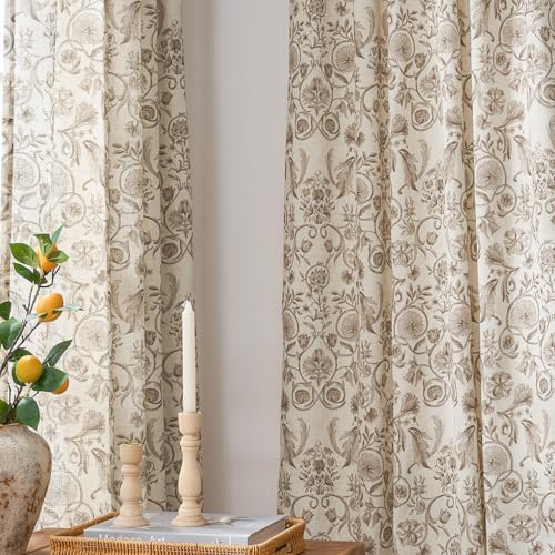 Image of jinchan Linen Floral Curtains for Living Room with Printed Flower 63 Inches Long Light Filtering Farmhouse Window Treatment Vintage Short Drapes Back Tab Rod Pocket 2 Panels Taupe on Beige
