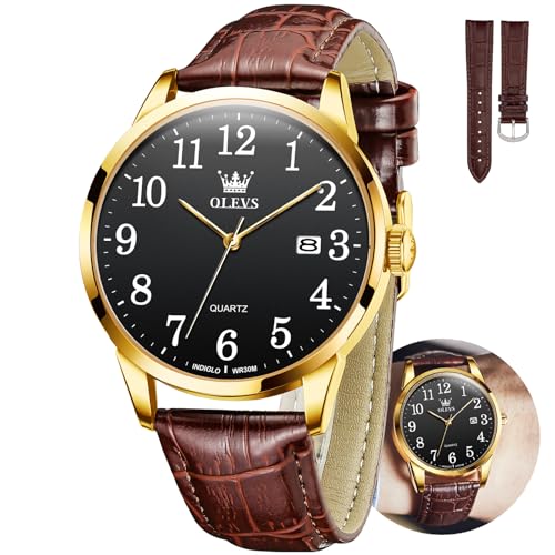Image of OLEVS Men Leather Watches Classic Quartz Large Dial Easy Read Waterproof
