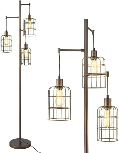 ELYONA Upgraded Stepless Dimmable Tree Floor Lamp, Farmhouse 71” Tall Pole Reading Standing Light with Industrial Cage Metal Shade for Bedroom, Living Room, Office, Bronze,3 LED Edison Bulbs Included