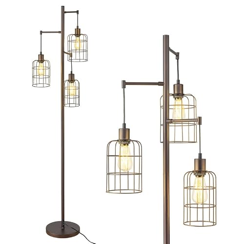 Elyona Upgraded Stepless Dimmable Tree Floor Lamp, Farmhouse 71” Tall Pole Reading Standing Light With Industrial Cage Metal Shade For Bedroom, Living Room, Office, Bronze,3 Led Edison Bulbs Included #TOP8