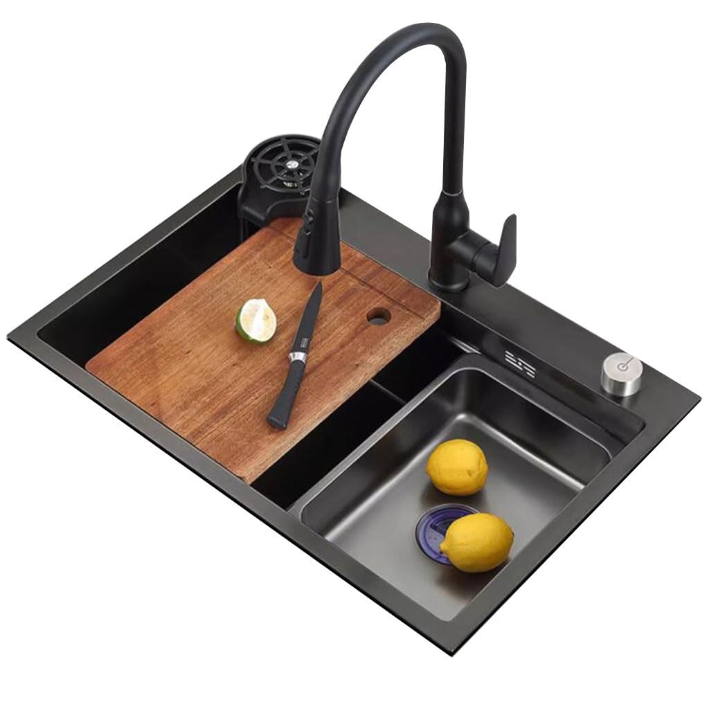 LMYSXAOZ Single Bowl Multifunctional Multi-size Sink Stainless Steel Above And Below Counter Kitchen Dishwashing Basin (Color : Black steel, Size 65 * 45cm)