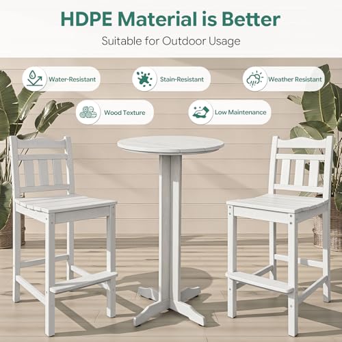 Image of Outdoor Bar Stools Set of 2, HDPE Tall Adirondack Bar Chairs 27.5 Inch Seat Height w /Backrest, All Weather Patio Bar Height Chairs for Bistro Balcony Deck Poolside (White)