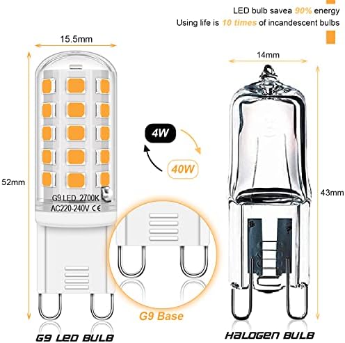 Auting G9 LED Bulbs Warm White 2700K ,LED Light Bulb 4W Equivalent to 30W-40W Halogen Bulb, 400 Lumens No Flickering, Non-Dimmable 4pcs