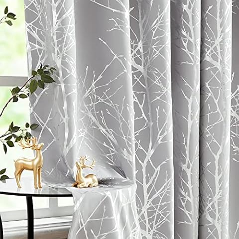 Fmfunctex Metallic Tree Blackout Curtains Bedroom Grey 90-Inch Living-Room Branch Print Curtain Panels Forest Triple Weave Thermal Insulated Drapes for Windows Dorm Hotel Grommet Top, 2Panels Cover