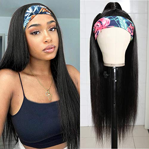 Headband Wigs Human Hair Straight Headband Wig Glueless None Lace Front Wigs Brazilian Virgin Hair Straight Human Hair Headband Wigs for Black Women 150% Density (Straight, 18 Inch)