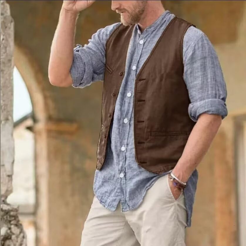 Men's Cotton Linen Suit Vest Regular Fit Vintage Dress Vest Summer Beach Wedding Casual Waistcoat for Party Groomsmen4