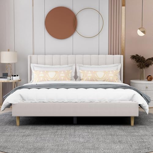 Image of AGARTT Upholstered Platform Bed Frame King Size, Beige Velvet