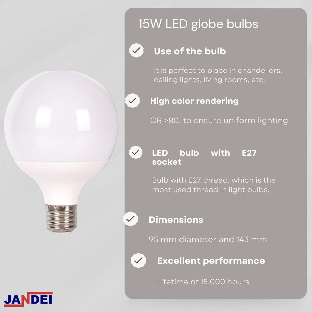 JANDEI - LED Globe Bulb, G95 E27, 15W (120W Halogen Equivalent) Neutral White Light 4200K, 1500 Lumens, CRI >80, Non-Dimmable - Image 2