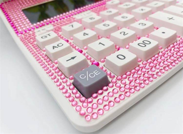 Desktop Calculator Rhinestone Calculator, Crystal Dazzling Calculator 12 Digit Solar and Battery Dual Power Large LCD Display Standard Desktop Calculator for Women and Girl, Pink