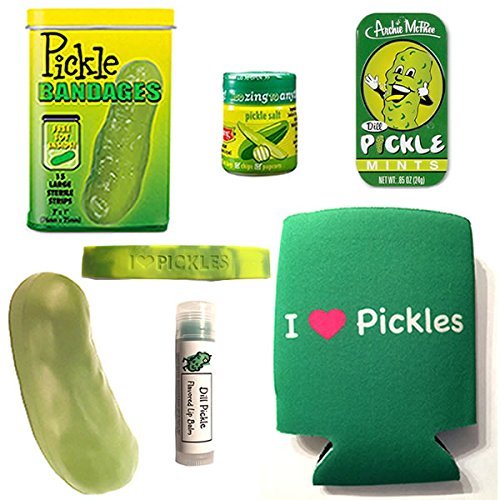 Deluxe Pickle Lovers Gift Pack (7pc Set) - Pickle Bandages, Lip Balm, Mints, Stress Pickle, Can Cooler Insulator, Wristband & Dill Pickle Salt