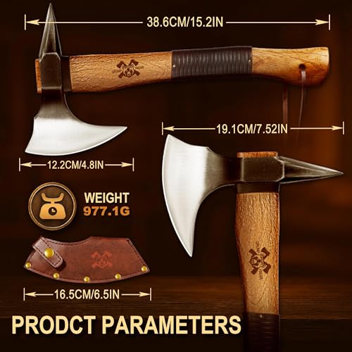 Image of Grumpy Bear 15 inch Survival Axe Camping Hatchet - Forged High Carbon Steel Hatchet with Spike Tail for Breaking Doors, Glass & Ice, Leather Handle & Lanyard, Ideal for Bushcraft & Outdoor Adventures