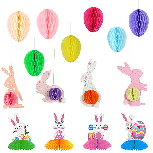 QICI 15Pcs Easter Bunny Honeycomb Decorations for Home, Colorful Rabbit With 3D Honeycomb Paper Egg Ball and Easter Bunny Honeycomb Centerpieces for Easter Party Decorations