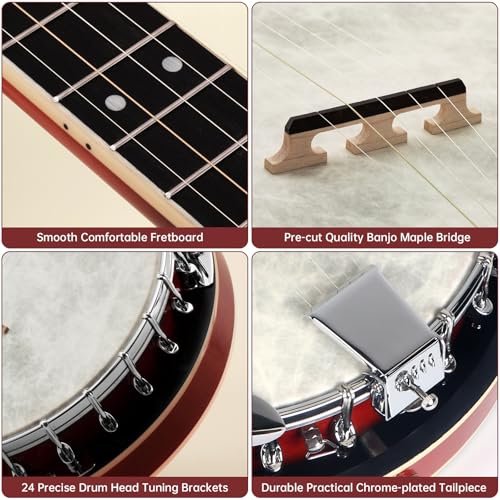 Image of Kmise Banjo, 5 String Electric Acoustic Banjos with Remo Head Full Size 38 Inch Closed Back with Removable Resonator, Strings Pack, Finger Picks, Strap, Case for Beginners Adults Starter Gift