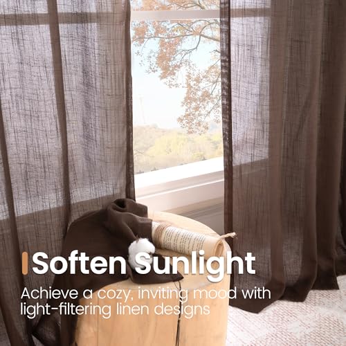Image of BGment Brown Linen Kitchen Curtains 40 Inch Length, Small Semi Sheer Drapes Textured for Cafe Window Over Sink Bathroom Decor Lightweight Rod Pocket, 2 Panels Set, Each 30 Inch Wide