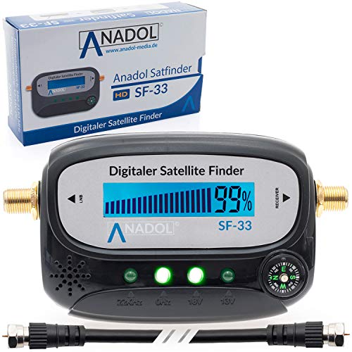 Anadol SF33 Black LCD digitální Satfinder, Sat Finder – satelitní měřicí přístroj, seřízení antén a plochých antén – se světelným indikátorem, signálním tónem, propojovacím kabelem + německý návod k obsluze (český jazyk nelze zaručit)