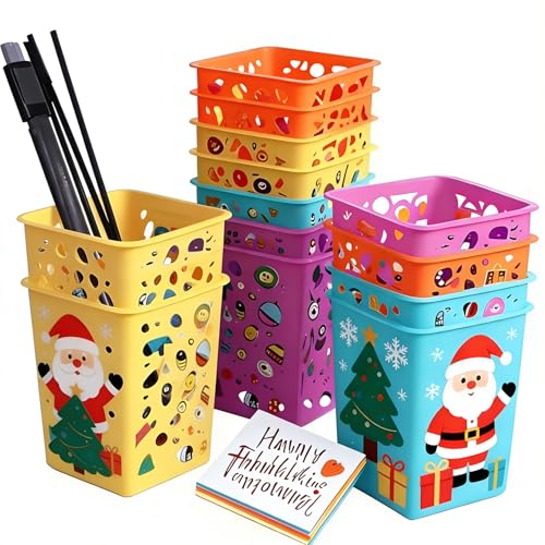 IELEK Pencil Holder Pen Cups, Colorful Office Desktop Storage Organizer Square Classroom Pen Pencil Holder Basket for Desk Christmas Gifts