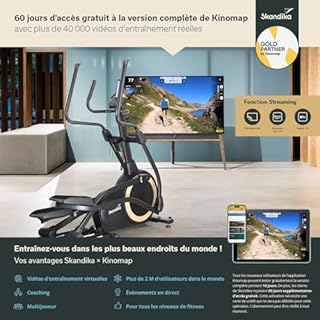 Skandika Vélo elliptique autoalimenté Carbon P25-G | Vélo elliptique d'appartement Pliable, jusqu'à 150 kg, 32 Niveaux de résistance, Bluetooth, Compatible avec apps | Appareil Cardio Training