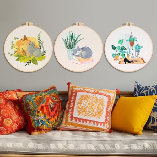 Image of XM-GENYUE 3 Sets Cute Cat Embroidery Starters Kit with Pattern for Beginners, Full Range of Stamped Cat and Flower Cross Stitch Kit Set with Embroidery Hoop Cloth Thread Needlepoint Kit