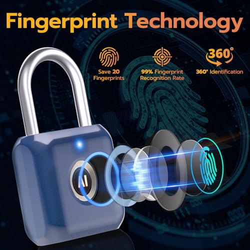 Image of Pothunder Fingerprint Padlock, Smart Padlock, Locker Lock, Biometric Metal Keyless Fingerprint Lock, USB Rechargeable, for Gym Locker, Luggage, Backpack(Blue)